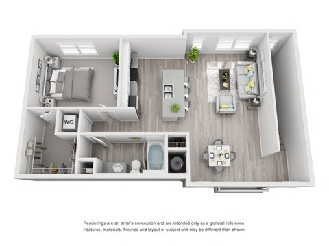 Floor plan for 1 bed, 1 bath, 970 sqft